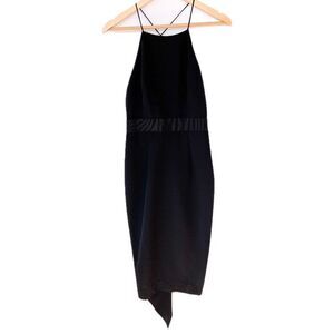 Milly Black High Neck Speghetti Strap Midi Asymmetrical Ruffle Black Dress 6